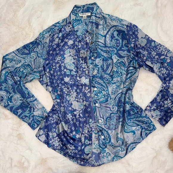 Vintage Tops - 💫STUNNING Vintage 90s Y2K Blue Floral Paisley Silk Long Sleeve Button Down Shirt